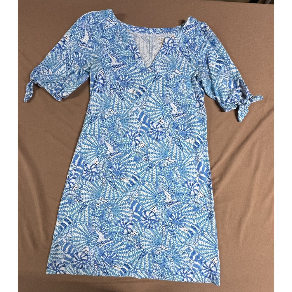 Lilly Pulitzer Easley Relaxed Midi T-Shirt Dress Seashell Cotton Womens XS Blue